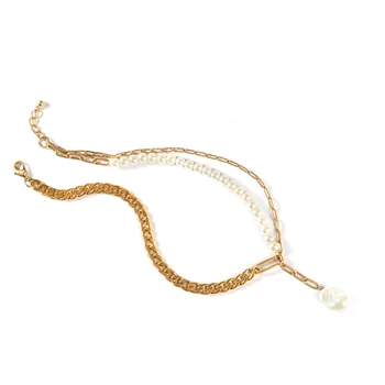 Večplastne pearl choker ogrlica Beaded Kovinsko zlata Veriga Križ Obesek Ogrlice Zajeziti Kubanski Ovratnice Nakit