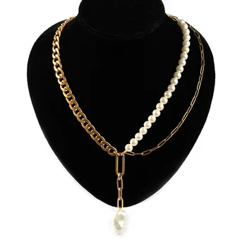 Večplastne pearl choker ogrlica Beaded Kovinsko zlata Veriga Križ Obesek Ogrlice Zajeziti Kubanski Ovratnice Nakit