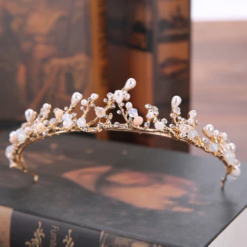 Vintage Ročno Zlato Krono Poročne Headdress Pearl Nosorogovo Poroko Princesa Krono Poročni Dodatki Za Lase, Nakit, Dodatki