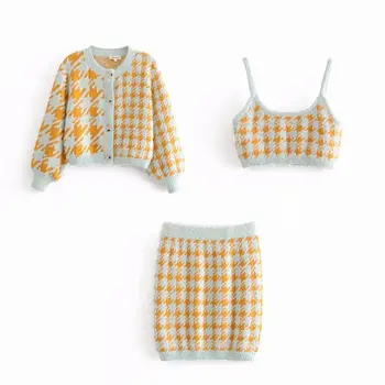 Vintage sladko houndstooth kratek knitted zgornji deli oblacil ženske camis 2019 modni brez rokavov stretchy ženske bluze priložnostne blusas mujer