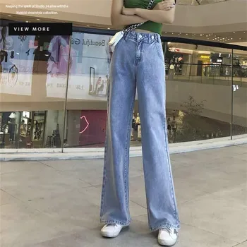 Visok Pas Naravnost fant jeans za ženske, Ženske, modro Priložnostne Svoboden Širok Noge Traper Hlače Vintage Moda Plus Velikost Hlače