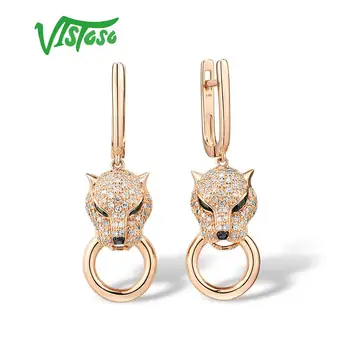 VISTOSO Gold Uhani Za Ženske Resnično 14K 585 Rose Zlata Leopard Uhani Smaragdno Peneče Diamant Udejstvovanje Fine Nakit