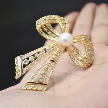 Vrh Kakovosti AAA Kubičnih Cirkonij Bowknot Broške Značke Moda Zlato Barvo Velika Loka Pearl Broška Za Ženske Poročni Nakit 1634