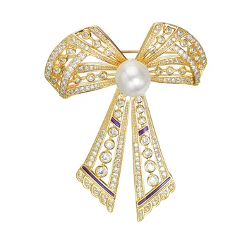 Vrh Kakovosti AAA Kubičnih Cirkonij Bowknot Broške Značke Moda Zlato Barvo Velika Loka Pearl Broška Za Ženske Poročni Nakit