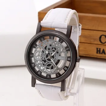 Vroče Prodajo Modnih Okostje Watch Moških Graviranje Votlega Reloj Hombre Obleko Quartz Ročno Uro Usnja Ženske Ure Relojes Mujer
