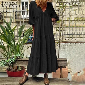 ZANZEA Maxi obleke za Ženske 2021 Ženske Letnik Vestidos Jeseni Dolg Rokav Haljo Femme Priložnostne Trdna Haljo Femme Plus Velikost 5XL 1298