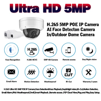 Zaznavanje obraza HD POE IP Kamera 5MP Vedio Surveillan POE Prostem Nepremočljiva Onvif Night Vision Dome Vandalproof Varnostne Kamere