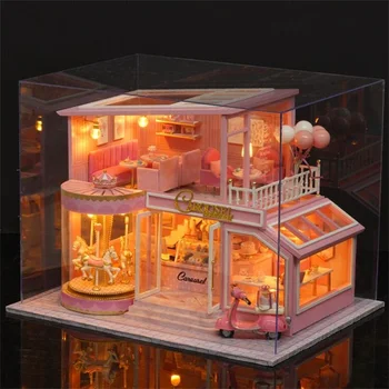 Zbrati DIY Lesena Hiša, Lesene Igrače Miniatura Lutka Hiše Komplet Mini Lutke igrače in Pohištvo LED Luči Darilo za Rojstni dan