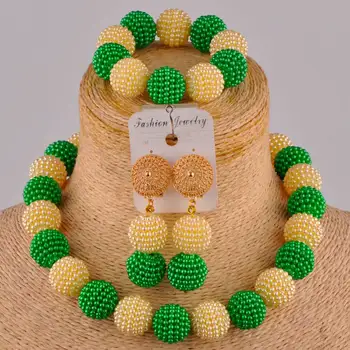 Zelena in šampanjec zlato afriške ogrlica kroglice nakit set simulirani pearl nigerijski poroko nastavite kostum nakit sklopov FZZ97