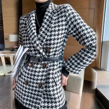 Zimska jakna nova korejska različica z pasu vrečko houndstooth volnene plašč obleko debele in svoboden