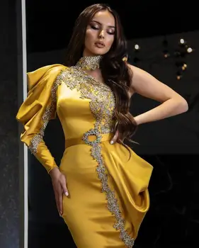 Zlato Kristalno Morska Deklica Večerne Obleke 2020 Eno Ramo Beaded Prom Oblačenja Visok Ovratnik Formalno Obleko Vestidos Formales