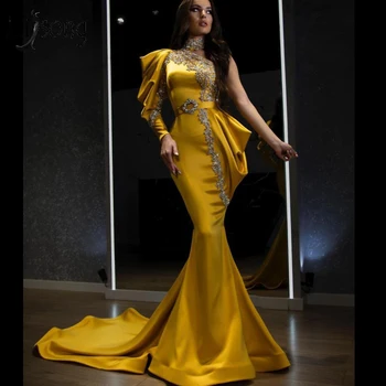 Zlato Kristalno Morska Deklica Večerne Obleke 2020 Eno Ramo Beaded Prom Oblačenja Visok Ovratnik Formalno Obleko Vestidos Formales