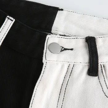 Črno-Bel Mozaik Jeans Za Ženske, Visoka Vitka Denim Naravnost Hlače Kontrast Barve Ulične Hlač