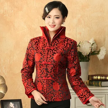 Črno-Rdeča Tradicionalni Kitajski Slog Žensk Saten Svila Jakno Plašč Cvetje Velikost S M L XL XXL XXXL Brezplačna Dostava
