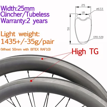 Širina 25 mm ogljikovih kolo clincher tubeless kolesca 50mm visoko TG super teža cestne kolesarske dirke tesnilo keramične dvojic