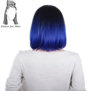 Želja za lase 1pc 13inch kratek naravnost ombre black diamond modra barva odporna proti vročini sintetičnih lasulj s šiška za ženske