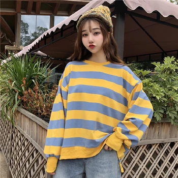 ženska dolg rokav vrhovi Priložnostne Prugasta T-shirt korejski ohlapen Pulover Pulover gothic majica s kratkimi rokavi