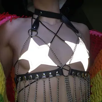Ženska Seksi Bleščice Reflektivni Pet Opozoril Star Modrc Strappy Povoj Povodcem Vrh Bralette Nightout Clubwear Kovinski Del Bustier