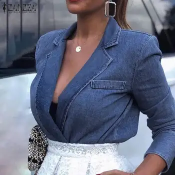 Ženske Blazerji 2021 Moda ZANZEA Ženske River Vratu Coats Plus Velikost Priložnostne Denim Blue Obleke Eleganten Ženski Površniki Outwear 7