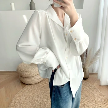Ženske Bluze Trdna Priložnostne Majice Urad Dame Proti-vrat Luč Dolg Rokav Elegantno korejski Modni Stil Preprosta, Vse-tekmo Ulzzang