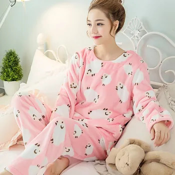 Ženske Pižame Nastavite Sleepwear Kawaii Cartoon Živali Toplega Doma Oblačila Nightgown Ženski 2020 Jeseni, Pozimi Dva Kosa Pižami