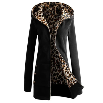 Ženske Plus Žamet Debelejši Hooded Majica Leopard Zadrgo Plašč Suknji Outwear Ženska Jakna Ženske Jeseni Jakna