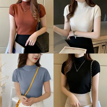 Ženske Poletne Majice korejskem Slogu Poleras Trdna Pol Turtleneck Moda Slim Kratek Rokav Pletene T-Shirt