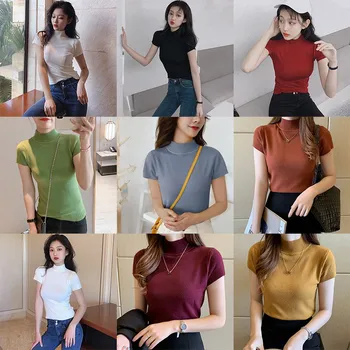 Ženske Poletne Majice korejskem Slogu Poleras Trdna Pol Turtleneck Moda Slim Kratek Rokav Pletene T-Shirt