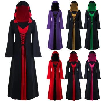 Ženske Srednjeveške gotike Kostume Plus Velikost Halloween Hooded Čipke Mozaik Cosplay Dolgo Oplaščeni Oblačilih, Starih Dolgo Obleko#g3