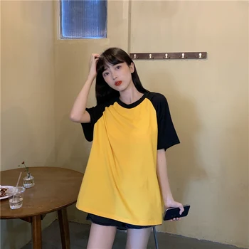 Ženske Ulzzang cotton Tee shirt poletje študentov kratek Rokav prevelik T shirt korejskem Slogu Mozaik T-srajce Moda vrhovi