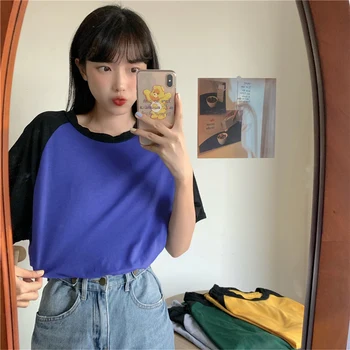 Ženske Ulzzang cotton Tee shirt poletje študentov kratek Rokav prevelik T shirt korejskem Slogu Mozaik T-srajce Moda vrhovi